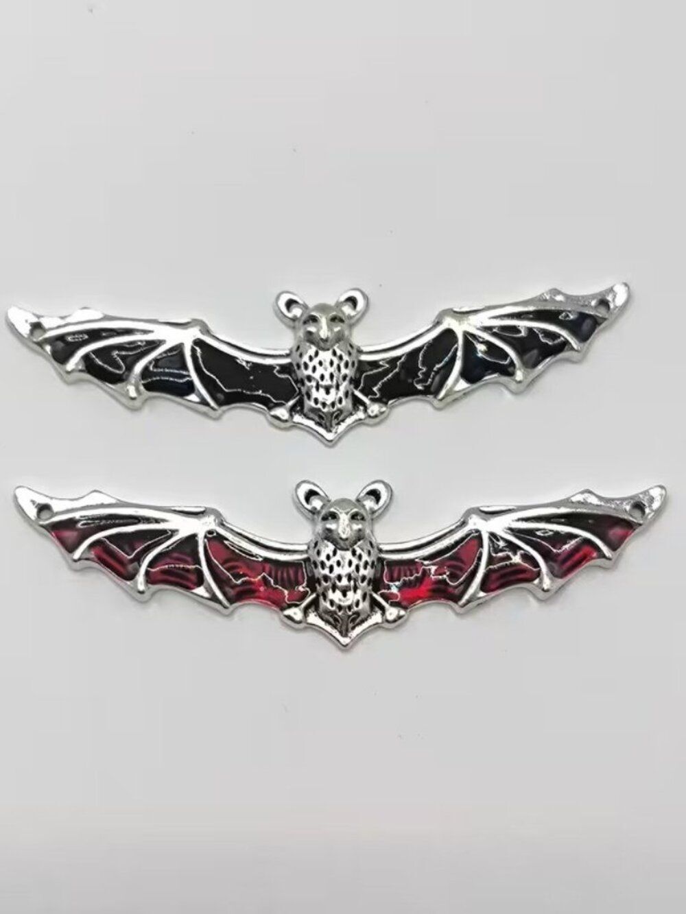 Set of 2 Gothic Halloween Bat Silver-Plated Pendants for Bags Black and Red